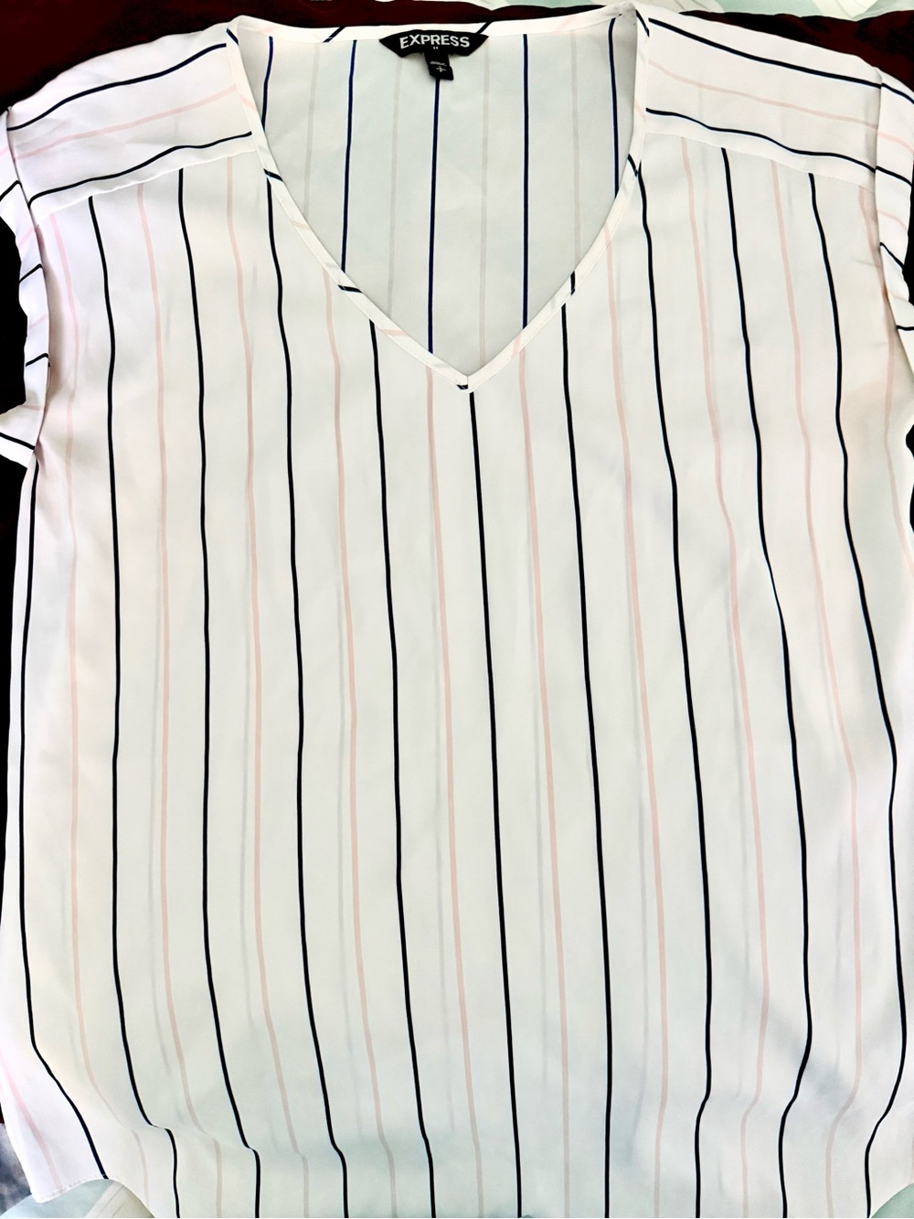 Express White V-Neck Blouse with Navy and Light Pink Stripes